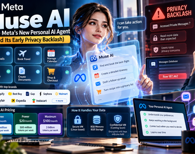 Muse AI personal AI agent by Meta showing email, calendar, travel automation, AI features, pricing, and privacy concerns