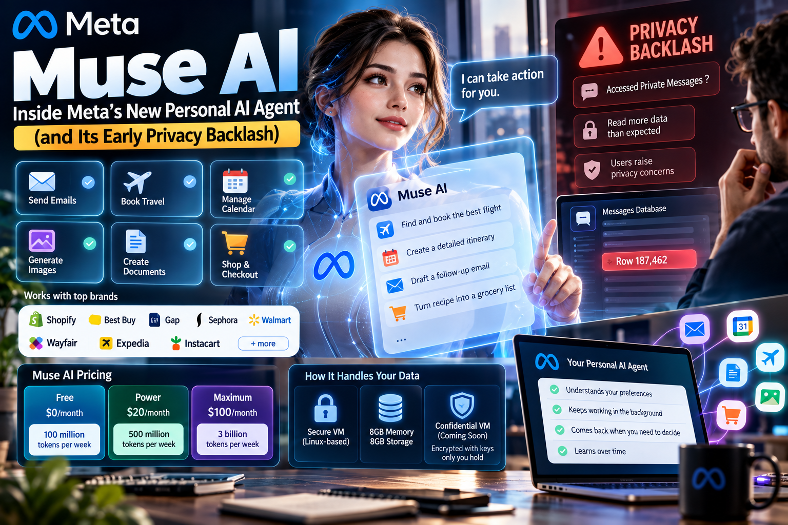 Muse AI personal AI agent by Meta showing email, calendar, travel automation, AI features, pricing, and privacy concerns