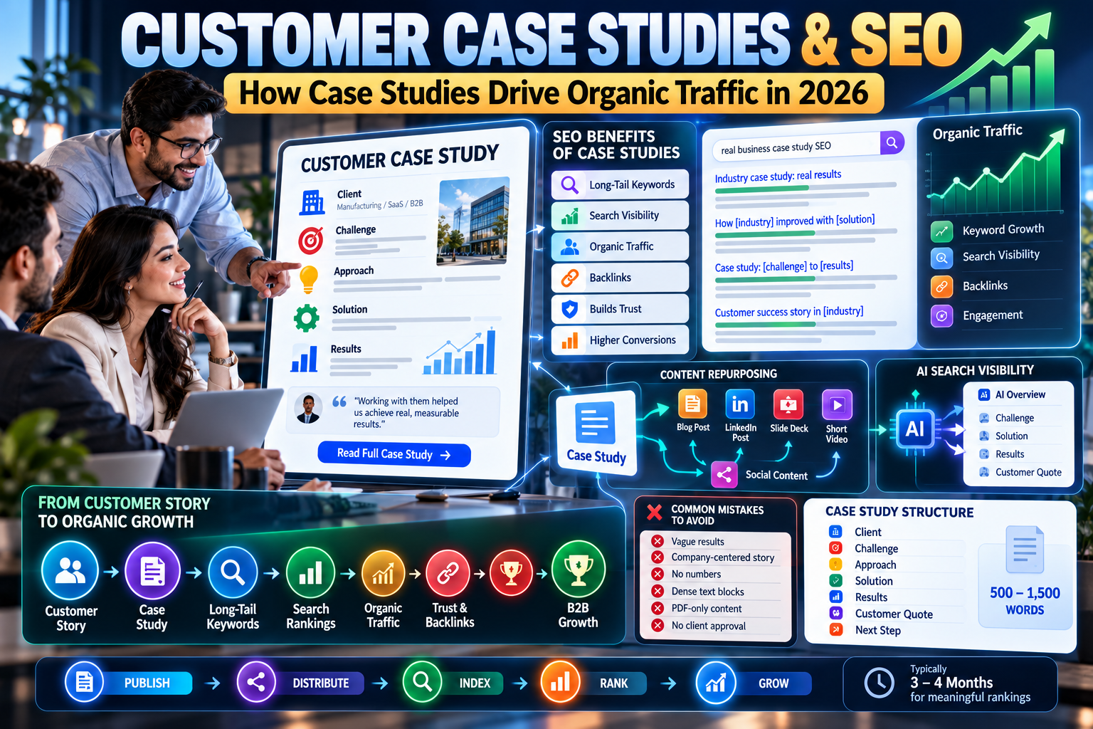SEO for startups guide showing organic traffic growth, keyword research, technical SEO, and backlinks