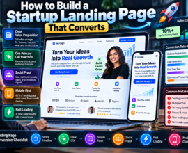 Startup landing page design showing conversion optimization, clear CTA, social proof, mobile-first design, fast loading, and higher conversions