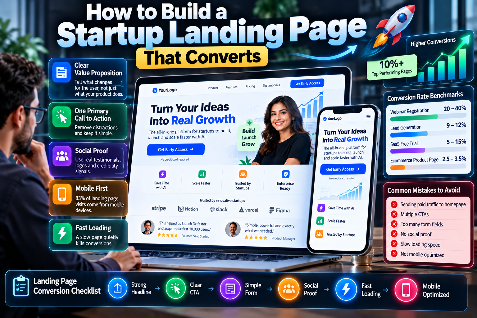 Startup landing page design showing conversion optimization, clear CTA, social proof, mobile-first design, fast loading, and higher conversions