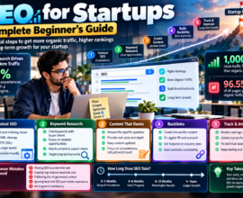 SEO for startups guide showing technical SEO, keyword research, content creation, backlinks, organic traffic, and long-term growth