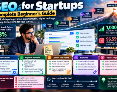 SEO for startups guide showing technical SEO, keyword research, content creation, backlinks, organic traffic, and long-term growth
