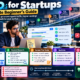 SEO for startups guide showing technical SEO, keyword research, content creation, backlinks, organic traffic, and long-term growth