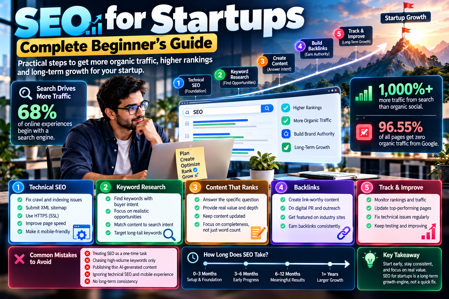 SEO for startups guide showing technical SEO, keyword research, content creation, backlinks, organic traffic, and long-term growth