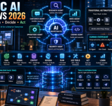 Agentic AI workflows 2026 showing AI agents reasoning, planning, using tools, adapting, and coordinating autonomous business workflows