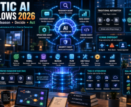 Agentic AI workflows 2026 showing AI agents reasoning, planning, using tools, adapting, and coordinating autonomous business workflows