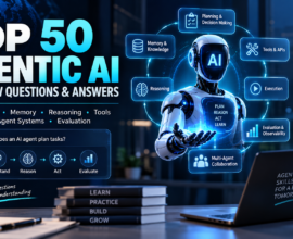 Top 50 Agentic AI interview questions and answers covering AI agent architecture, memory, reasoning, tools, and evaluation