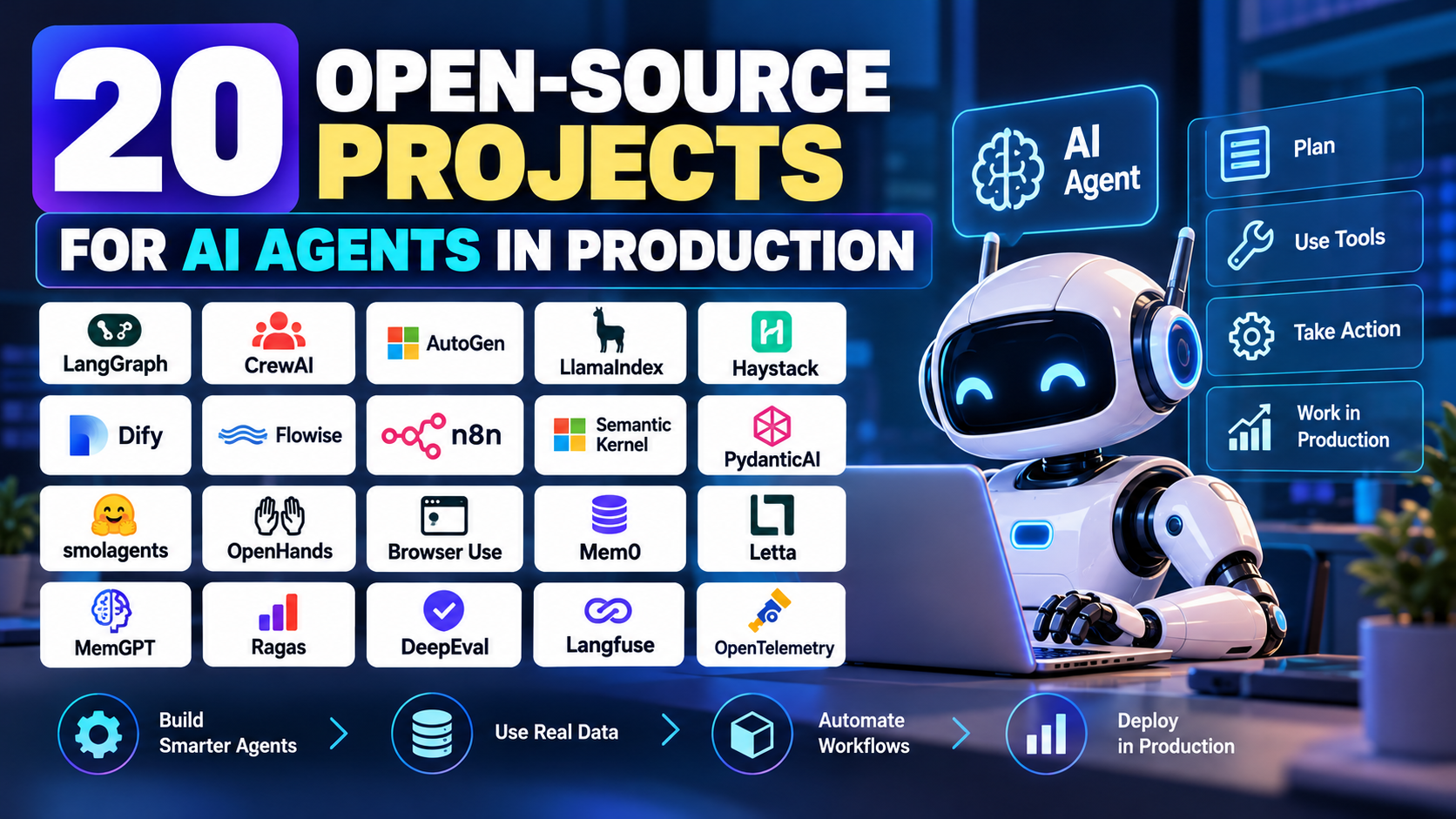 20 open-source AI agent projects for production, including LangGraph, CrewAI, n8n, Dify, and LlamaIndex.
