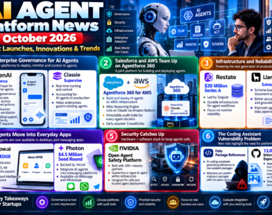 AI agent platform news October 2026 covering enterprise governance, Agentforce 360, AI infrastructure, agent security, reliability, and coding assistant risks