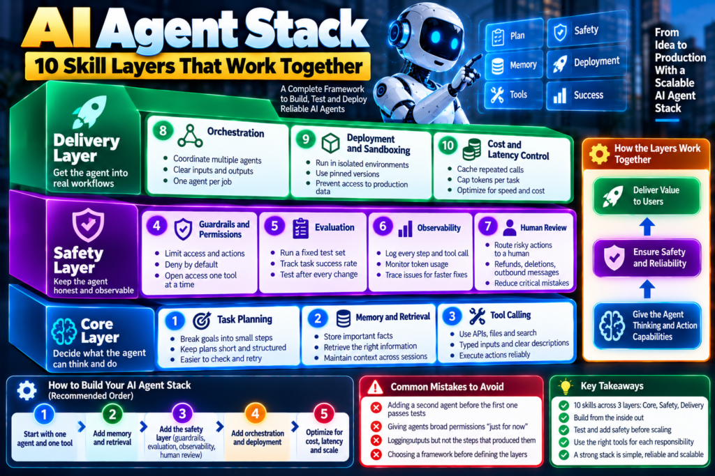 AI agent stack showing 10 skill layers for planning, memory, tool calling, guardrails, evaluation, observability, deployment, and cost control