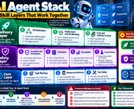 AI agent stack showing 10 skill layers for planning, memory, tool calling, guardrails, evaluation, observability, deployment, and cost control