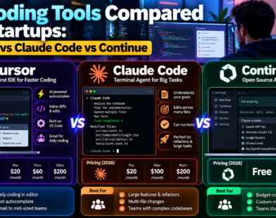 AI coding tools for startups comparison of Cursor, Claude Code, and Continue