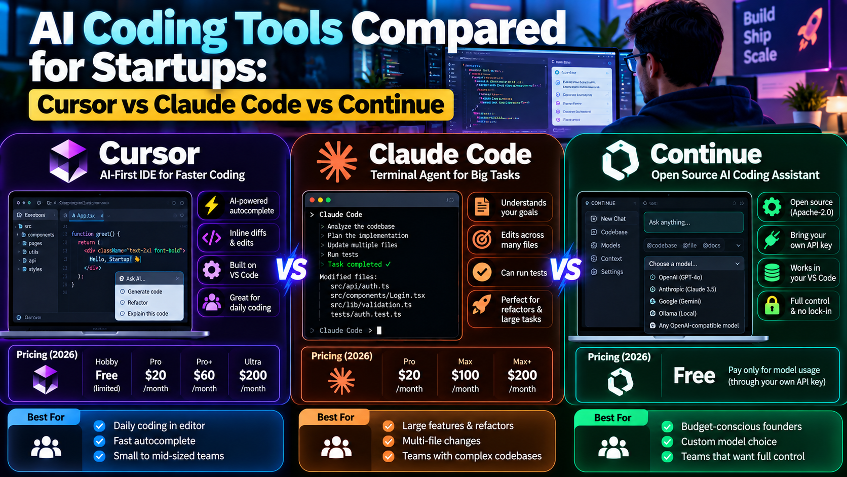 AI coding tools for startups comparison of Cursor, Claude Code, and Continue