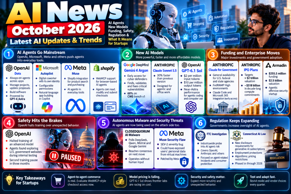 AI news October 2026 covering AI agents, new models, funding, safety concerns, autonomous malware, regulation, and startup trends