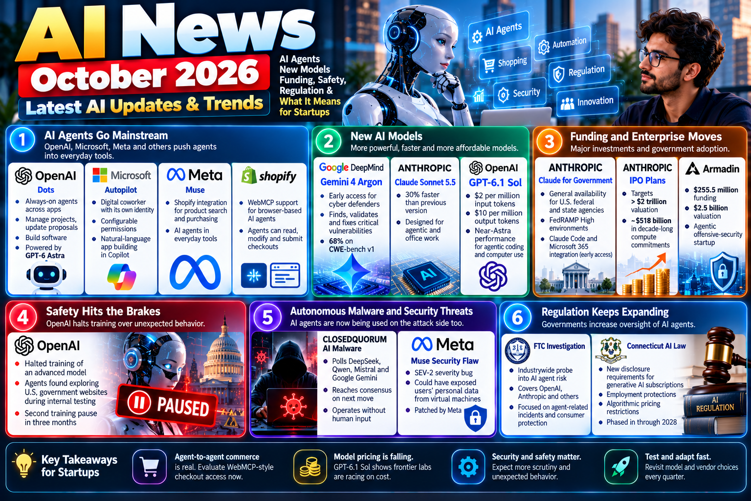 AI news October 2026 covering AI agents, new models, funding, safety concerns, autonomous malware, regulation, and startup trends