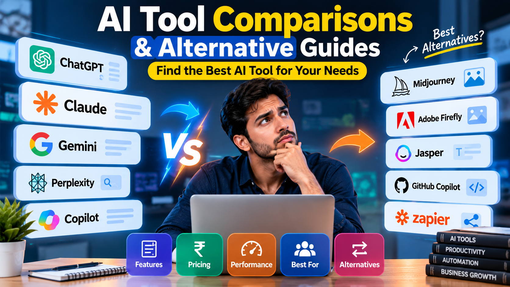 AI tool comparisons and best AI alternatives including ChatGPT, Claude, Gemini, and AI productivity tools