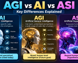 AGI vs AI vs ASI comparison showing artificial intelligence, general intelligence, and superintelligence.