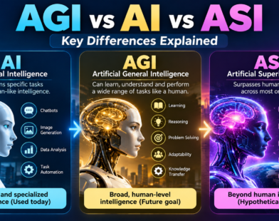 AGI vs AI vs ASI comparison showing artificial intelligence, general intelligence, and superintelligence.