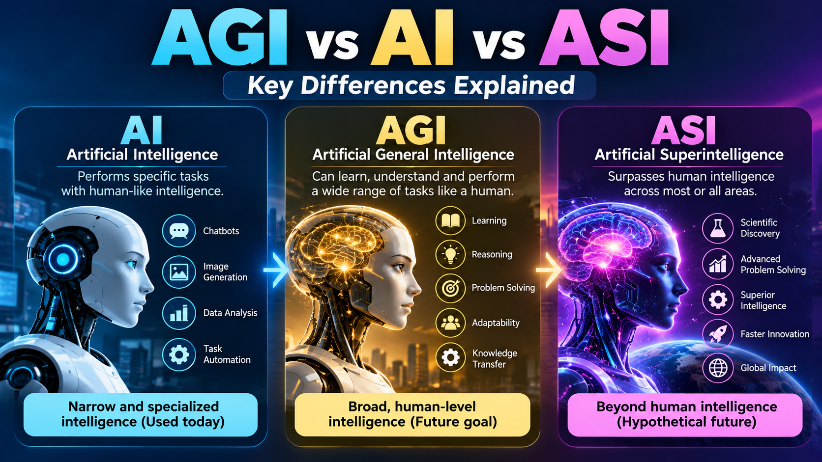 AGI vs AI vs ASI comparison showing artificial intelligence, general intelligence, and superintelligence.