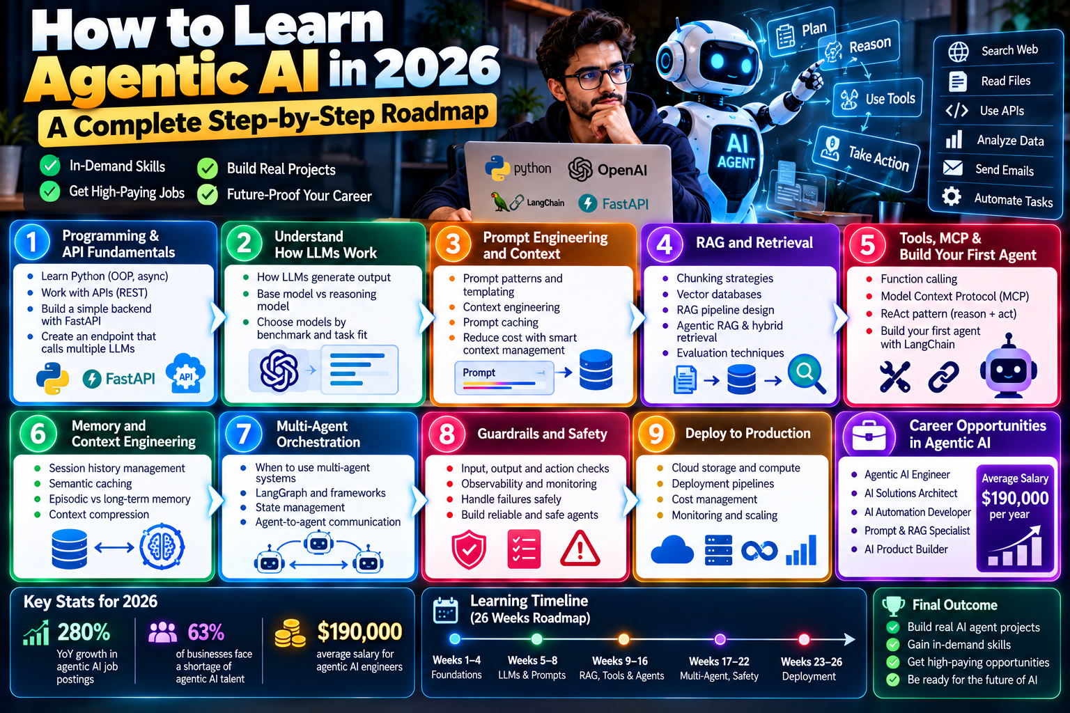 How to learn agentic AI in 2026 with Python, LLMs, prompt engineering, RAG, AI agents, MCP, memory, safety, and deployment