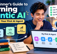 Beginner learning Agentic AI with a friendly AI robot, laptop workflow, and steps to build a first AI agent.