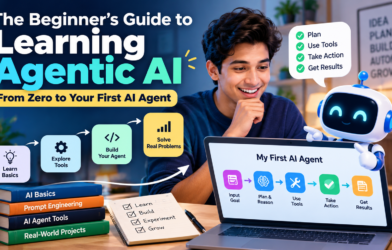 Beginner learning Agentic AI with a friendly AI robot, laptop workflow, and steps to build a first AI agent.