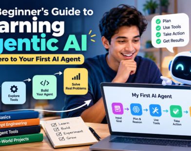 Beginner learning Agentic AI with a friendly AI robot, laptop workflow, and steps to build a first AI agent.
