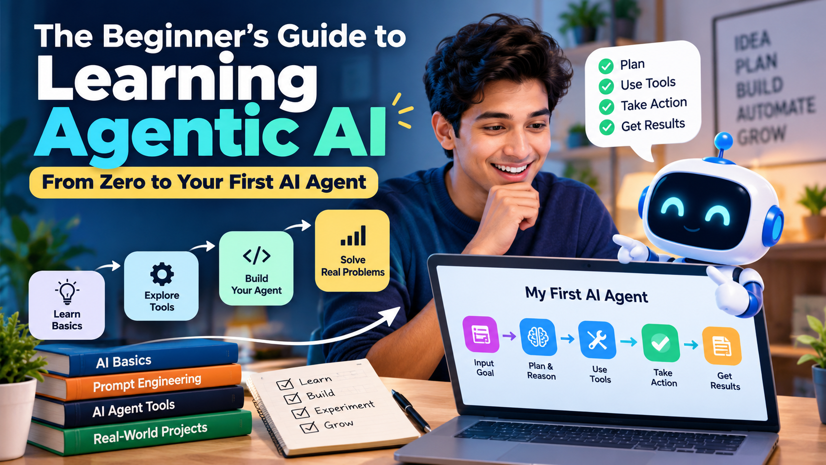 Beginner learning Agentic AI with a friendly AI robot, laptop workflow, and steps to build a first AI agent.