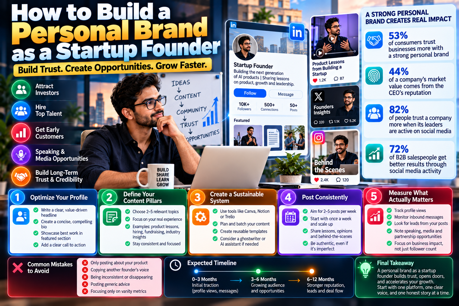 How to build a personal brand as a startup founder through content, consistency, social media, and trust