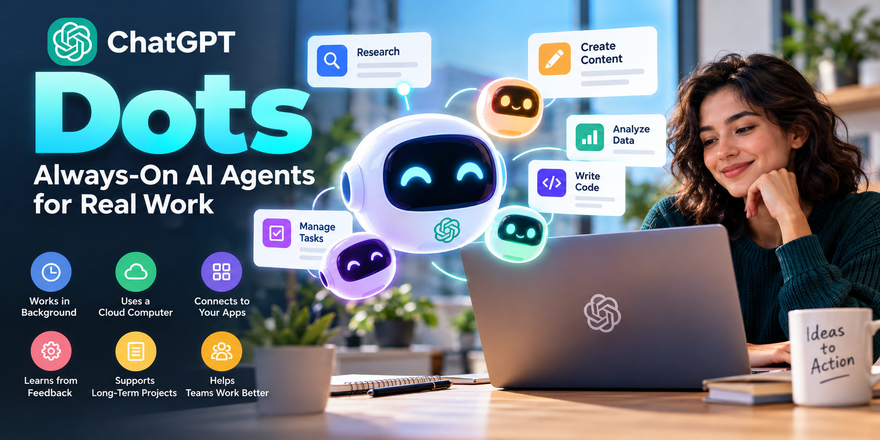 ChatGPT Dots AI agents helping with research, content creation, coding, and task management