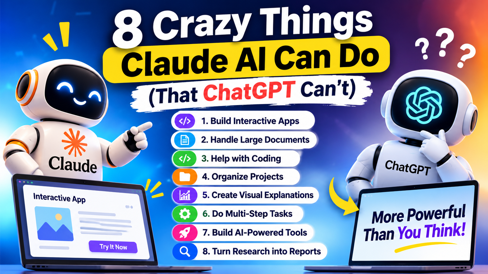 8 crazy things Claude AI can do, including coding, interactive apps, document analysis, and AI tools compared with ChatGPT.