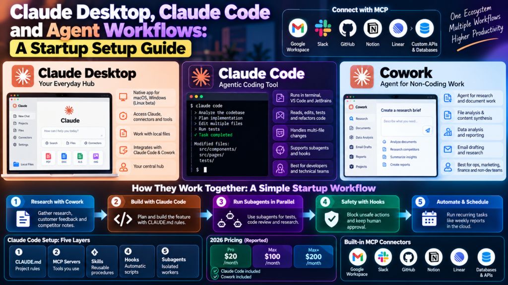 Claude Desktop Claude Code and Cowork agent workflows for startups
