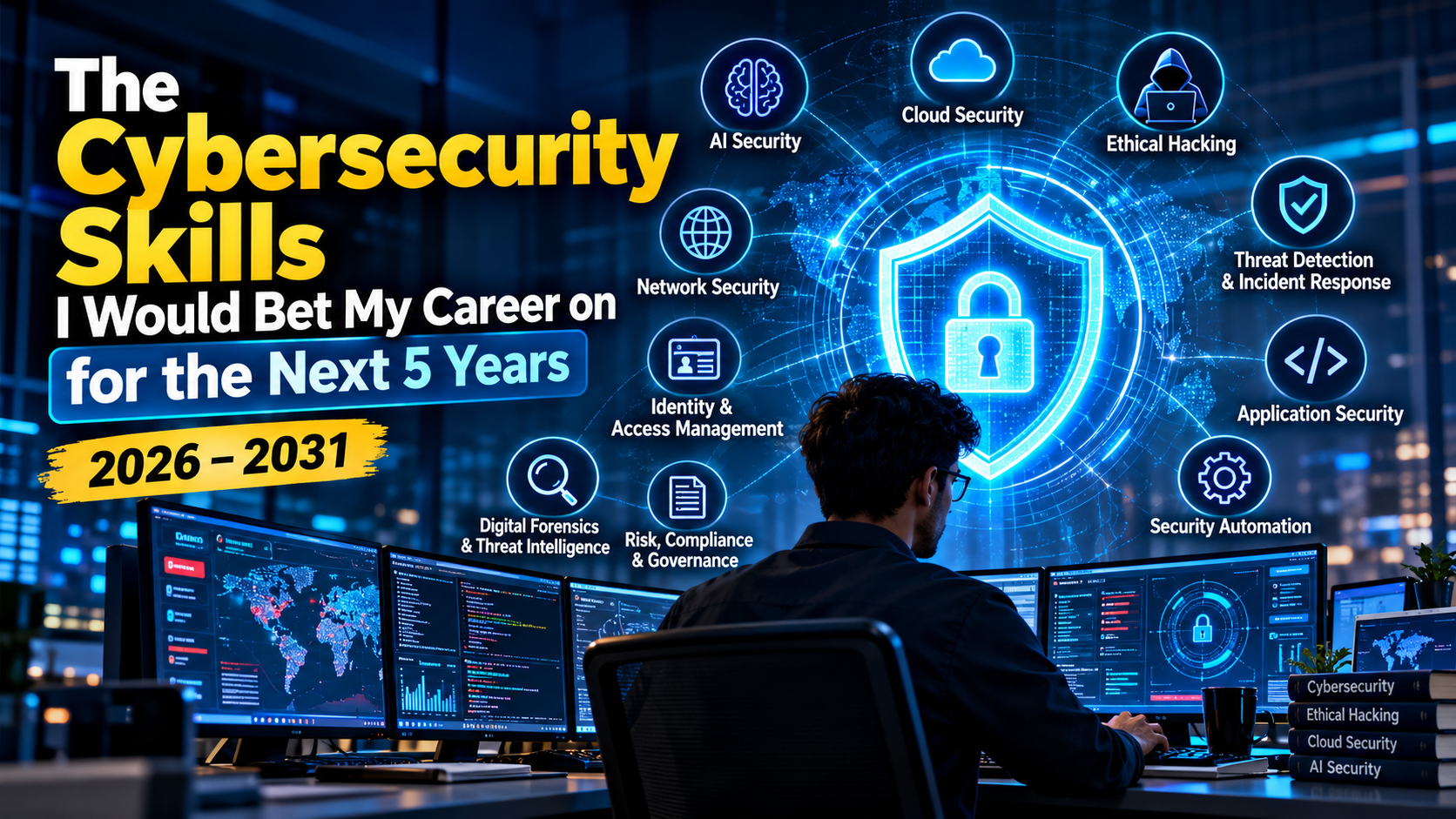 Cybersecurity skills for the next five years, including AI security, cloud security, ethical hacking, and threat detection.