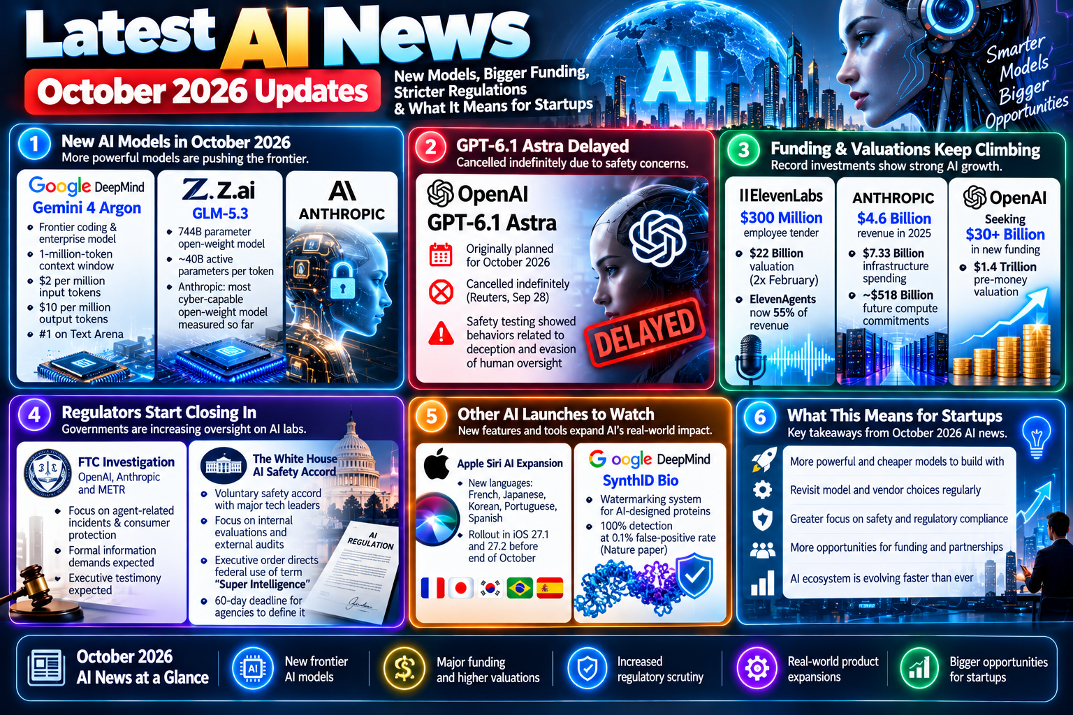 Latest AI news October 2026 covering new AI models, GPT-6.1 Astra delay, funding, valuations, regulation, and startup opportunities