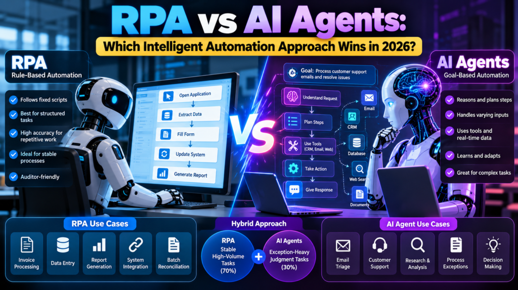 RPA vs AI agents comparison for intelligent automation in 2026
