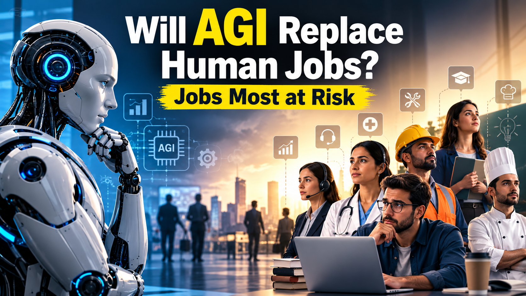 Will AGI replace human jobs? AI robot and workers in careers most at risk.